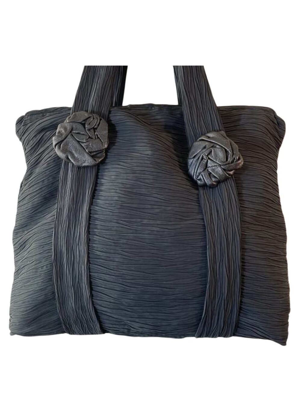 Silvano Biagini Black Pleated Tote Bag with 3D Rosettes - Made in Italy